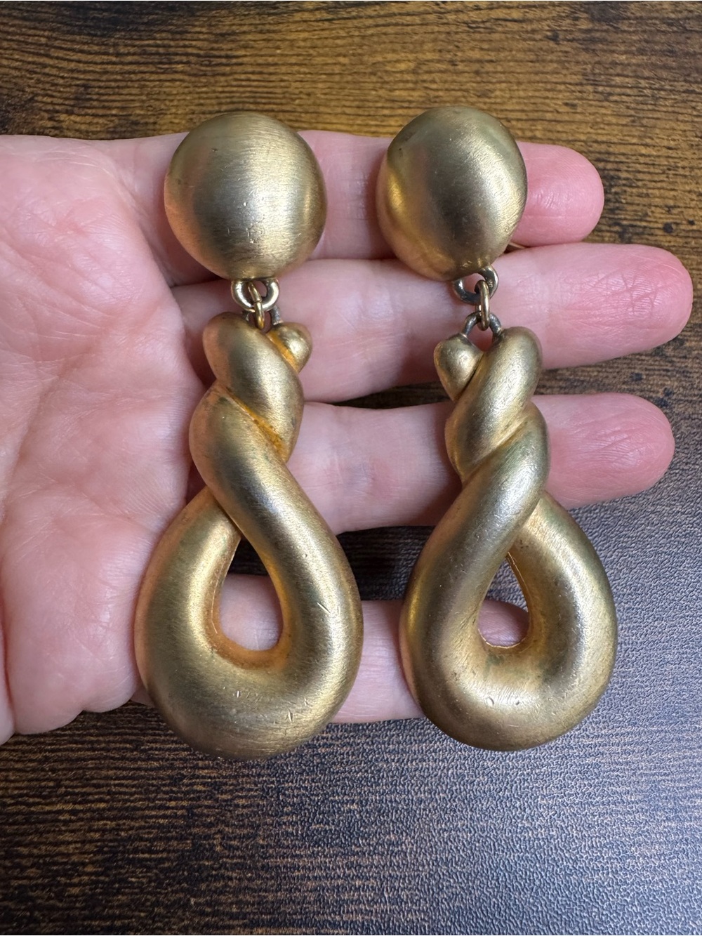 Dramatic Vintage Gold Twisted Loop Drop Clip-On Earrings - 1980’s Runway